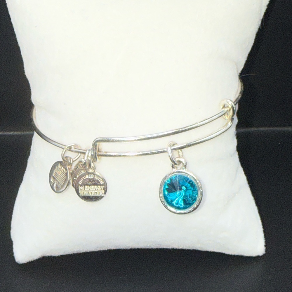 Alex and Ani Silver Bangle Bracelet with Teal Blue Crystal Charm December